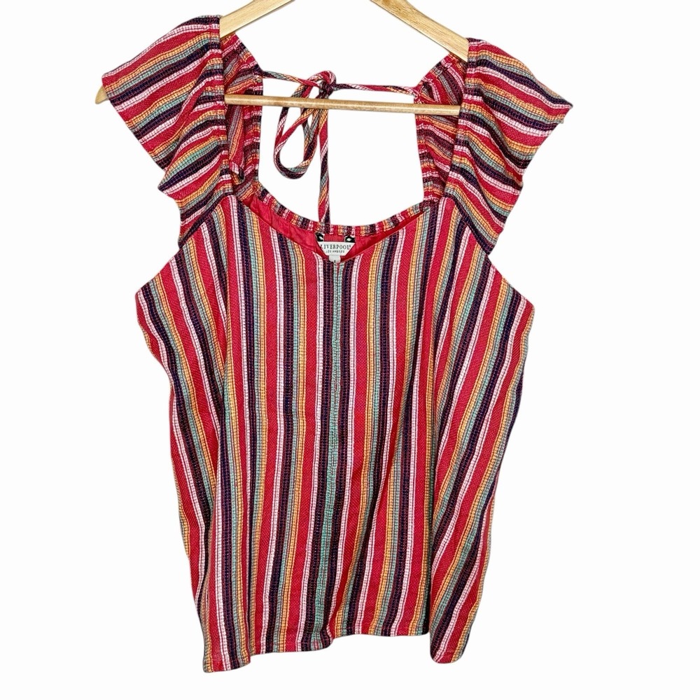 Liverpool Ruffled Striped Tank Top Womens Small Boho Beachy Indie Embroidered